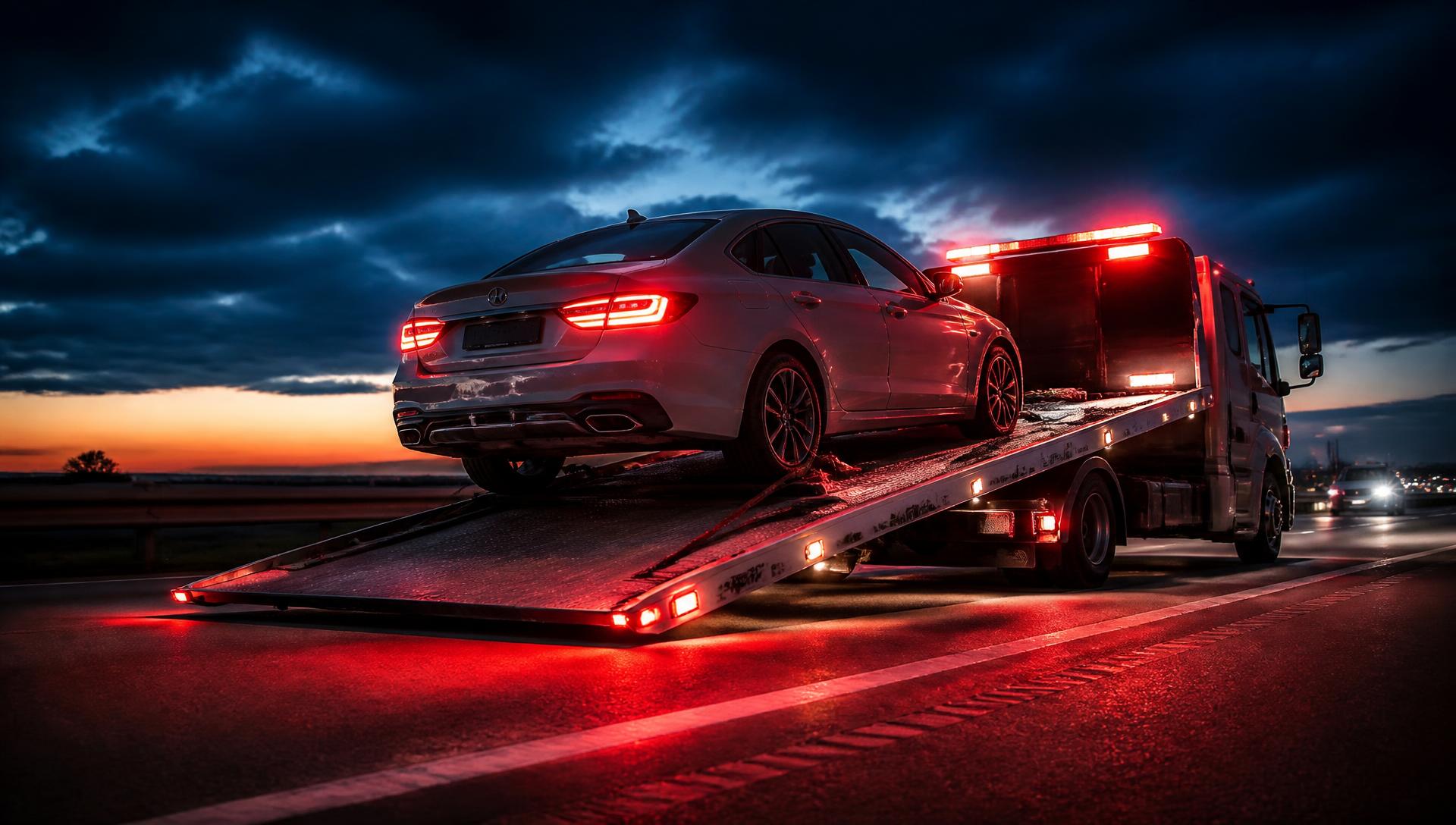 Tow truck transporting a vehicle at night